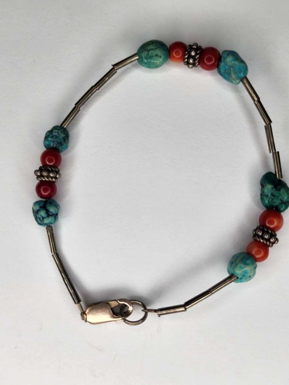 Vintage Sterling Silver Turquoise And Coral Beaded Bracelet.